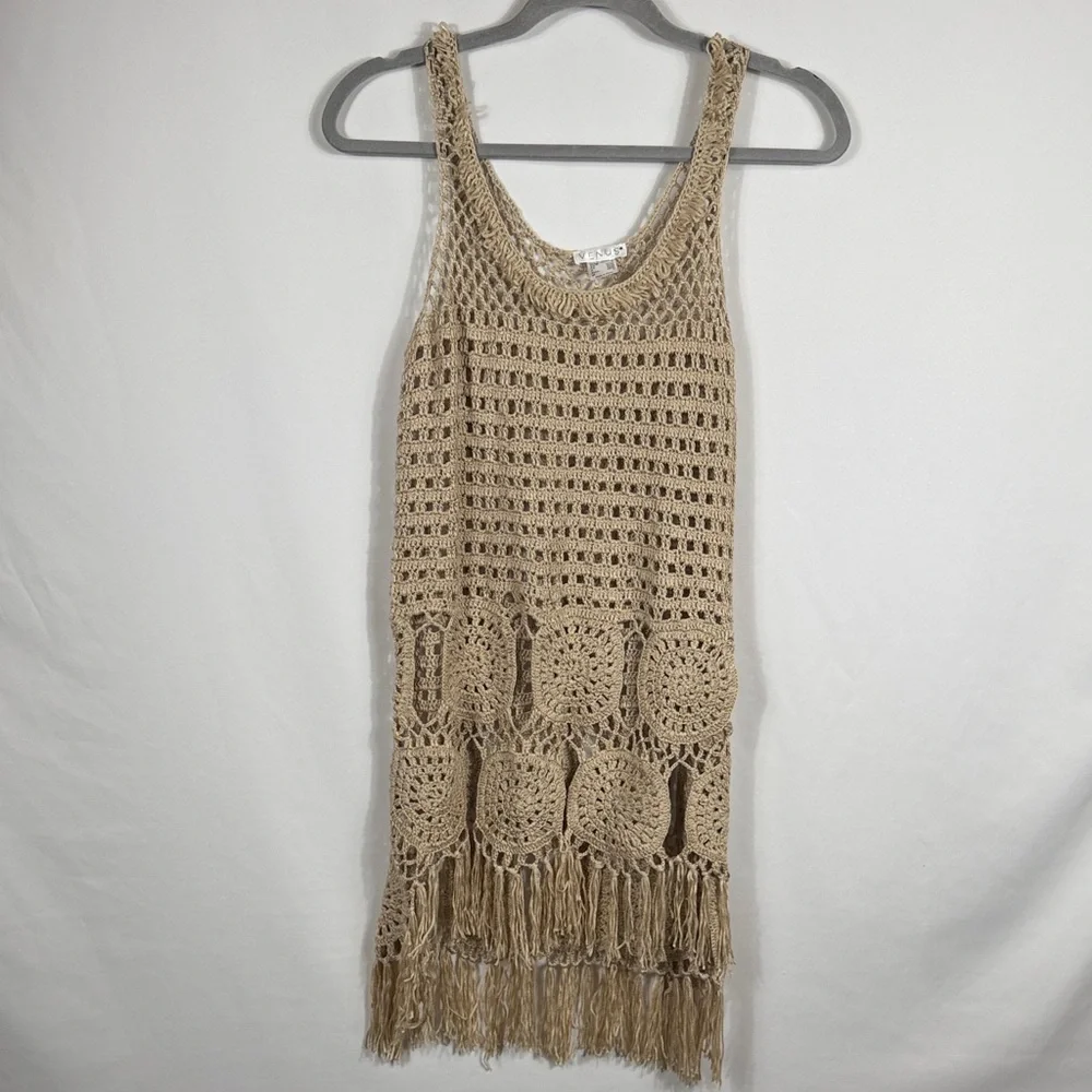 Venus Beige Crochet Fringe Tank Top Beach Swimsuit Coverup. Size M. Boho - Picture 2 of 5